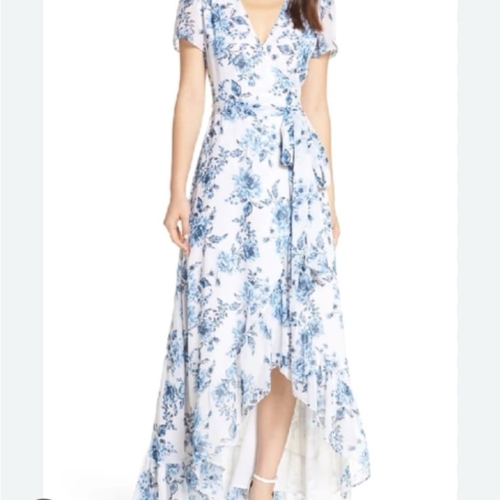 Wayf Blue and White Puff Sleeve Wrap Dress